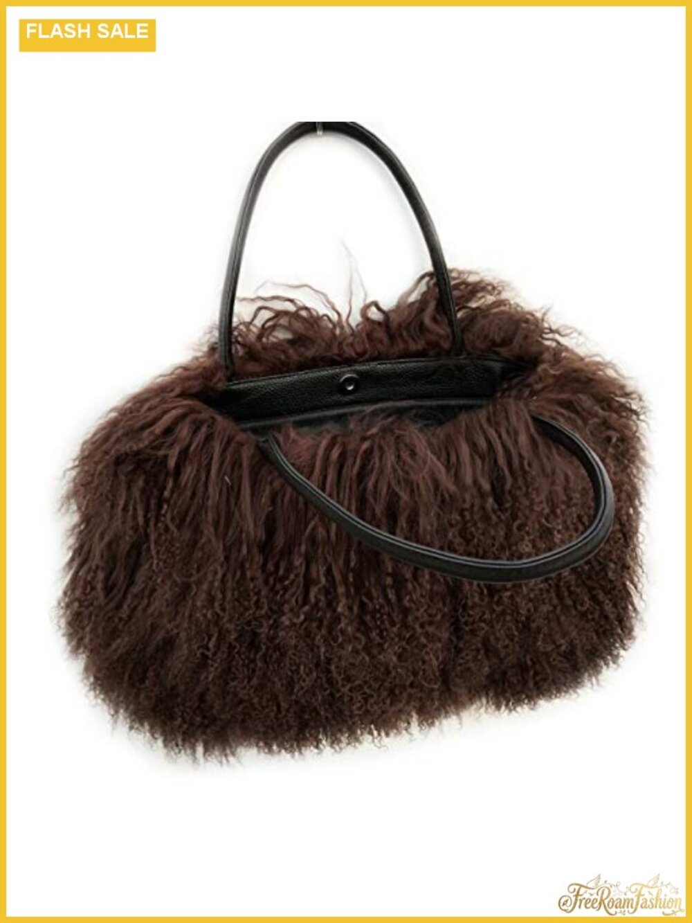 Real Mongolian Lamb Fur Purse Brown with Leather Handle for Women Tote Bag